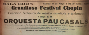 Captura de la pàgina escanejada del diari La Almudaina amb text. "Sala Born. Sábado 16 mayo a las 10 menos cuarto. Grandioso Festival Chopin. Concierto Sinfónico de música española y polonesa a cargo de la Orquesta Pau Casals integrada por 90 profesores; dirigida por Pau Casals, Lamote de Grignon, Alexandre Tansman, Baltasar Samper y Ernesto Halffter. Obras de Beethoven, Chopin, Samper, Halffter, Chopin-Lamote y Liszt. En las taquillas del Born se despachan localidades y títulos de adhesión, de 11 a 1 maána y de 5 a 8 tarde. Mañana a las 5:30: concierto popular en la Plaza de Toros".