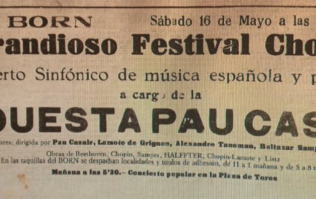 Captura de la pàgina escanejada del diari La Almudaina amb text. "Sala Born. Sábado 16 mayo a las 10 menos cuarto. Grandioso Festival Chopin. Concierto Sinfónico de música española y polonesa a cargo de la Orquesta Pau Casals integrada por 90 profesores; dirigida por Pau Casals, Lamote de Grignon, Alexandre Tansman, Baltasar Samper y Ernesto Halffter. Obras de Beethoven, Chopin, Samper, Halffter, Chopin-Lamote y Liszt. En las taquillas del Born se despachan localidades y títulos de adhesión, de 11 a 1 maána y de 5 a 8 tarde. Mañana a las 5:30: concierto popular en la Plaza de Toros".