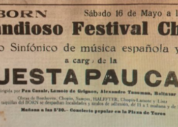 Captura de la pàgina escanejada del diari La Almudaina amb text. "Sala Born. Sábado 16 mayo a las 10 menos cuarto. Grandioso Festival Chopin. Concierto Sinfónico de música española y polonesa a cargo de la Orquesta Pau Casals integrada por 90 profesores; dirigida por Pau Casals, Lamote de Grignon, Alexandre Tansman, Baltasar Samper y Ernesto Halffter. Obras de Beethoven, Chopin, Samper, Halffter, Chopin-Lamote y Liszt. En las taquillas del Born se despachan localidades y títulos de adhesión, de 11 a 1 maána y de 5 a 8 tarde. Mañana a las 5:30: concierto popular en la Plaza de Toros".